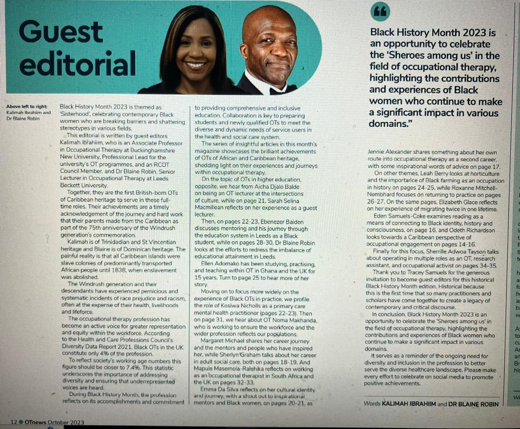 robinfamily's tweet photo. Congratulations to all colleagues who contributed.  Also @theRCOT and OT News Magazine editor Tracey Samuels for the opportunity to be Guest Editor with @KalimahOT for OT News magazine. The editorial and publication has been timed to celebrate Black History Month.@BAMEOTUK https://t.co/7miiI3Vgoz