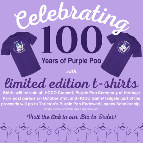 tarletonstudent's tweet photo. Ready, set... let's celebrate! Purchase your 100 Years of Purple Poo T-shirt at Homecoming events this week or order one at the link below today! Proceeds will go towards student scholarships.
#tarletonhomecoming #purplepoo @TarletonVPSES
https://t.co/SHbXVp7vYS https://t.co/Ddt4c5eQGY