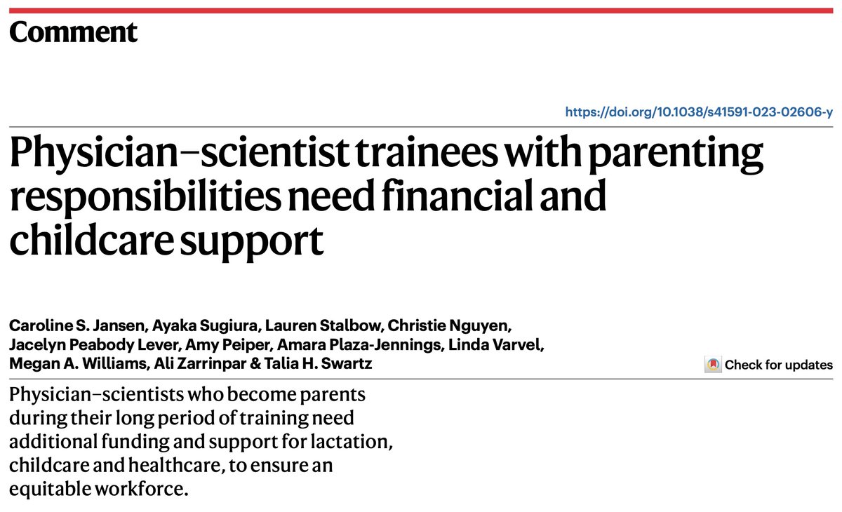 Grateful and proud to speak about a topic near and dear to my heart alongside Ayaka Sugiura (@VanderbiltMSTP), @taliaswartz, and other inspiring women a in @NatureMedicine Comment piece today! @A_P_S_A #physicianscientists #doubledocs nature.com/articles/s4159…