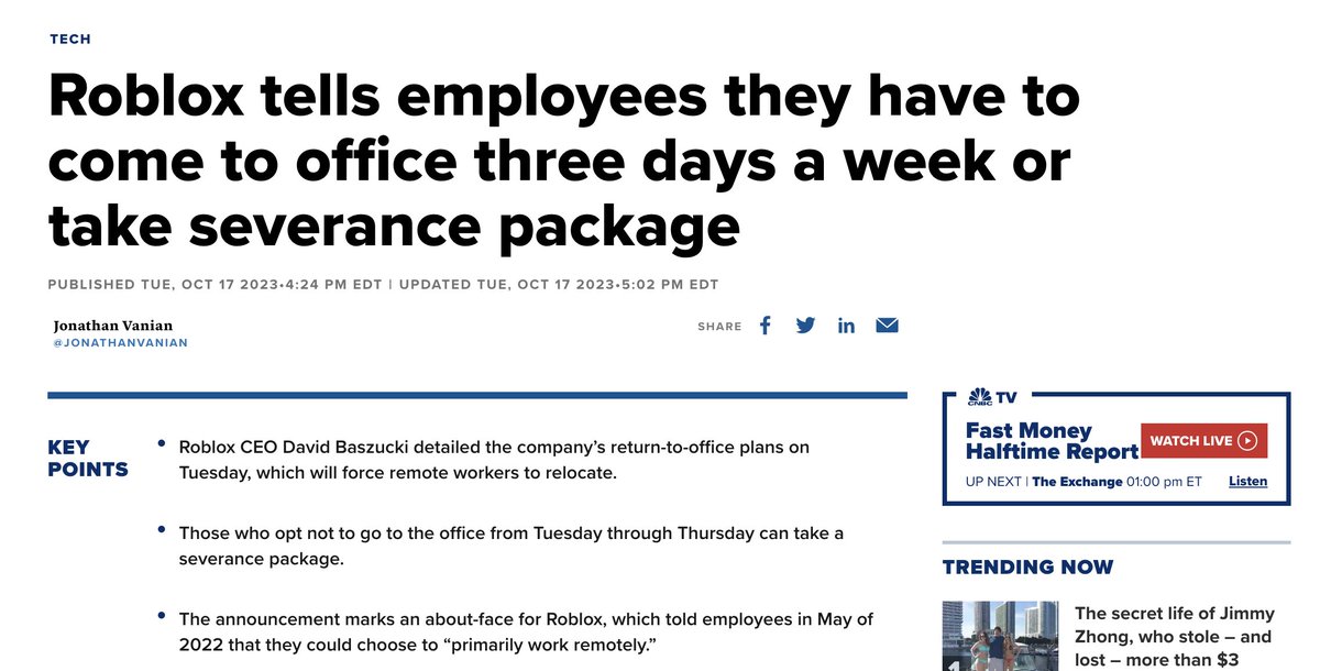 Roblox tells most employees to return to the office part-time or take a  severance package