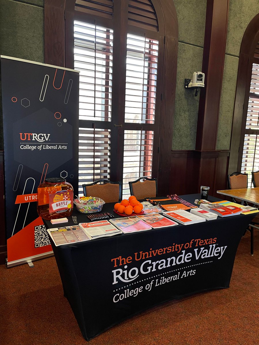 The College of Liberal Arts table is set at the Graduate College recruiting event. Happening today 12:00pm in Salon Cassia at the Brownsville campus. Don't forget to enter our raffle for a chance to win a prize.