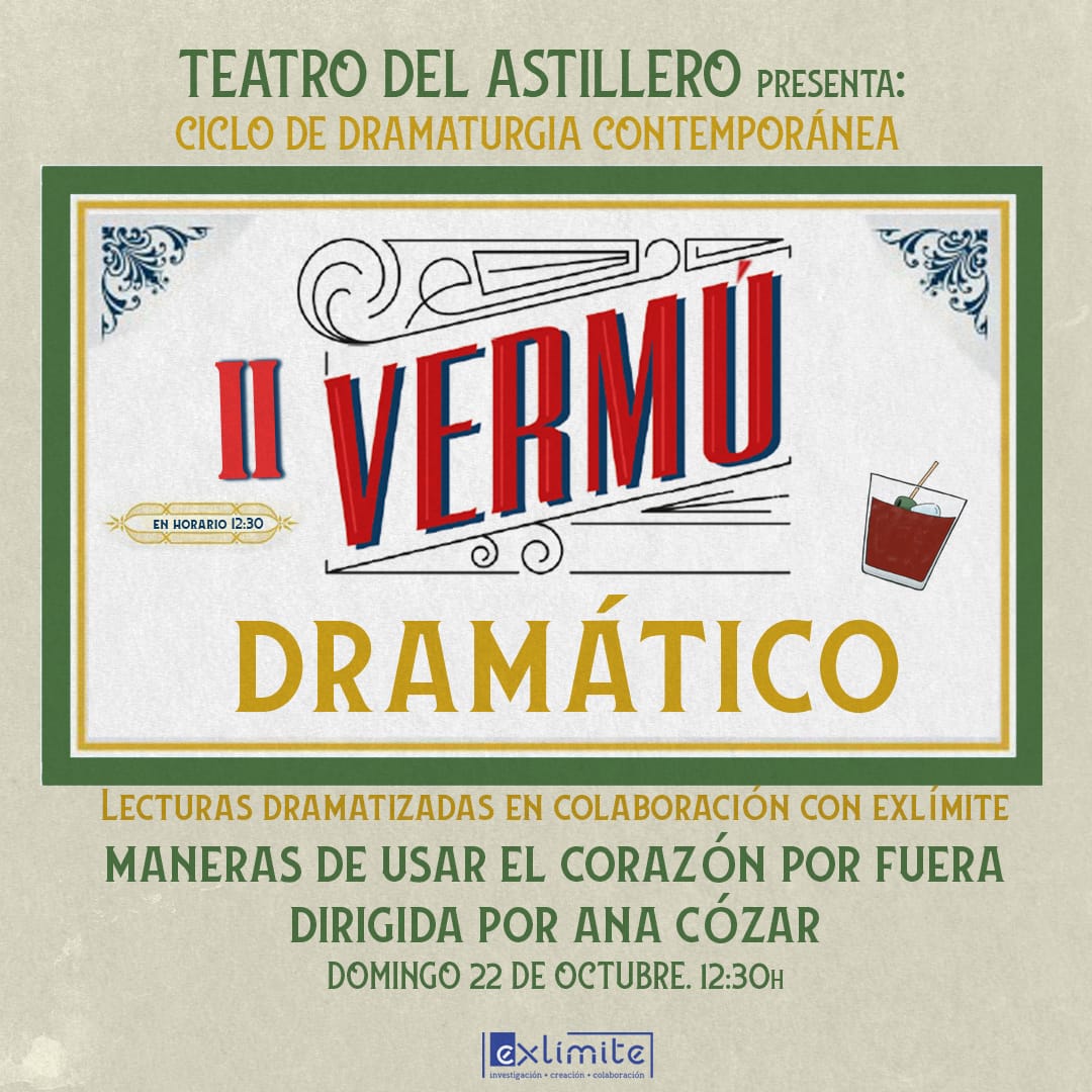 Con no poca ilusión me paso por aquí para contaros que este domingo 22 estaremos en la sala <a href="/exlimite/">exlímite</a> 💜🫀Vermú Dramático de <a href="/TeatroAstillero/">Teatro del Astillero</a> con "Maneras de usar el corazón por fuera", estupenda dramaturgia de Yerandy Fleites. 
¡Acompáñanos a vermutear, que es entrada libre!🎭