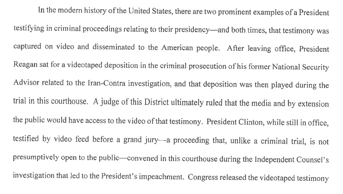 rparloff's tweet photo. NBC argues that in modern history there were 2 examples of a president testifying in criminal proceedings about his presidency &amp; both ultimately were aired on TV: Reagan at Iran-Contra prosecution &amp; Clinton before DC grand jury. ... 
/1 https://t.co/T0QtIAR1Xq