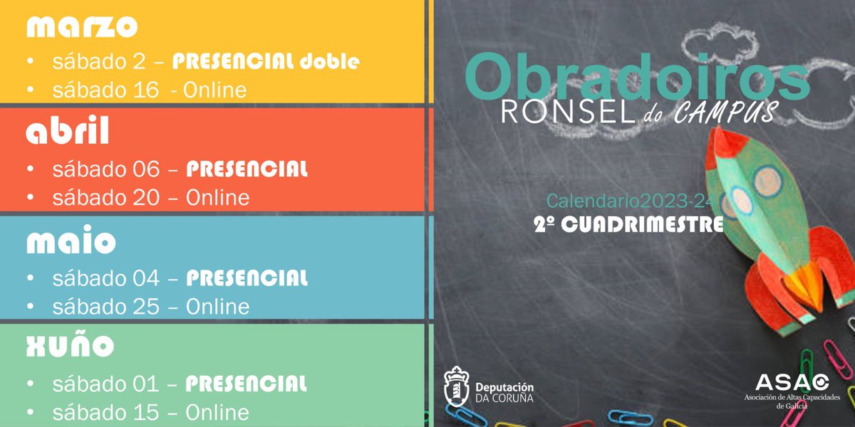 AsacGalicia's tweet photo. Calendario dos talleres Ronsel do Campus 2023-24
#ronseldocampus #USC #latento #Deputaciondacoruña
#tallerenriquecemento #altascapacidades #ASACGalicia https://t.co/b6yA2PUaXV