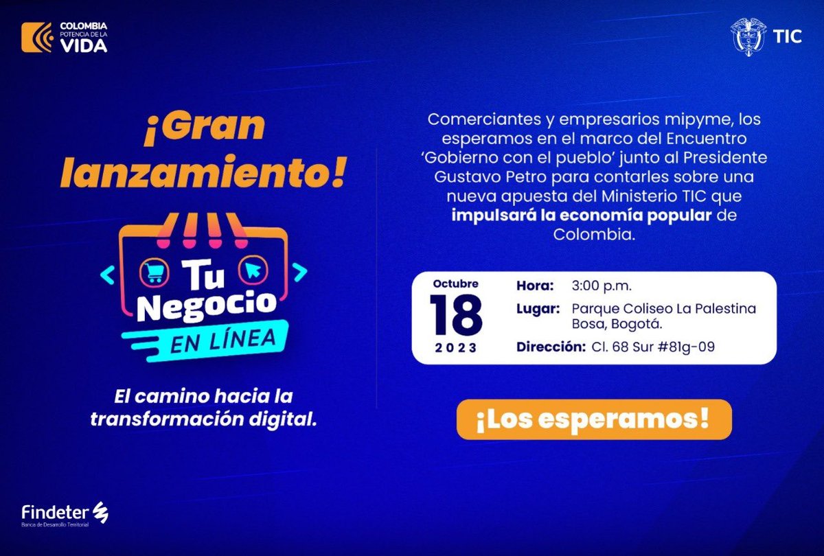 Hemos diseñado un programa que impactará el crecimiento y desarrollo de la economía popular del 🇨🇴 país.

Recibirás capacitación, formación y acompañamiento para implementar #TuNegocioEnLinea gratis. 

Acompáñanos hoy y conoce todos los beneficios.