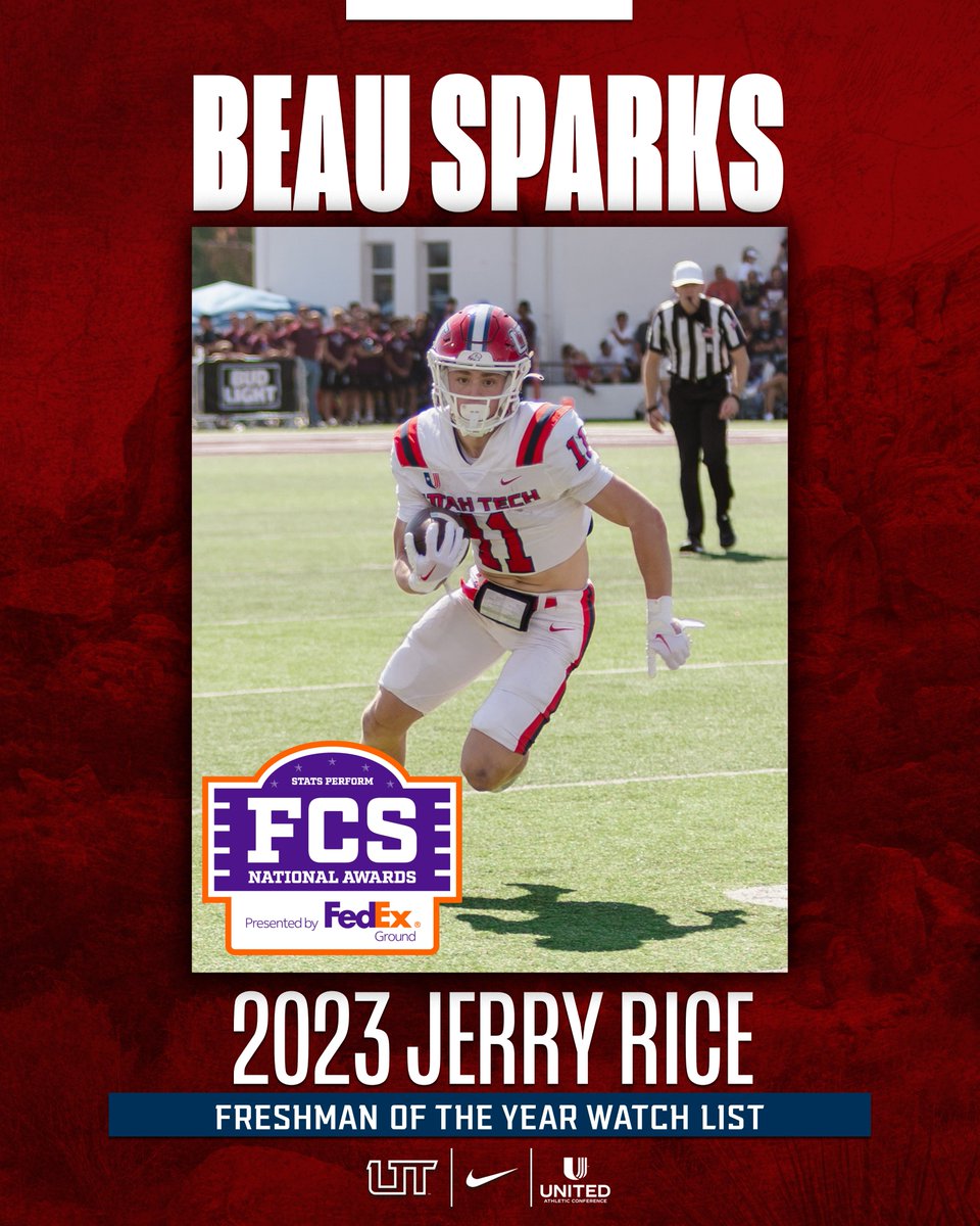 Congrats @BeauSparks5 - one of 22 freshmen named to the @FCS_STATS Jerry Rice Award watch list! #UtahTechBlazers | #UACFootball 📰 - shorturl.at/wKUY9