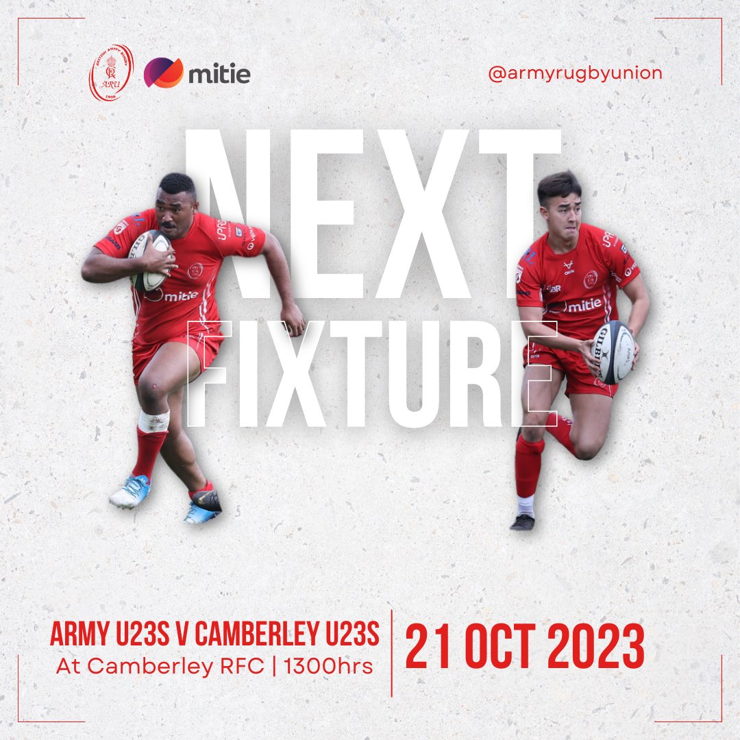 𝘾𝙤𝙢𝙞𝙣𝙜 𝙪𝙥 𝙩𝙝𝙞𝙨 𝙬𝙚𝙚𝙠𝙚𝙣𝙙…

The Army U23s are back in action this Saturday 🏉 

🆚 <a href="/Camberleyrfc1/">Camberley RFC</a> U23s

All the 🔑 details 👇
