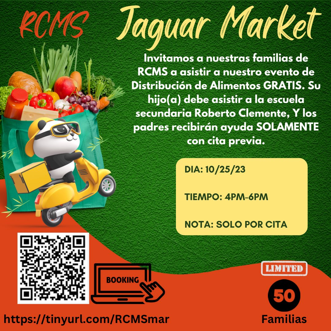 Roberto Clemente Middle School (@rcms_ocps) on Twitter photo FREE groceries for Jaguar families! Wednesday, 10/25, from 4-6. Make your appointment today! tinyurl.com/RCMSmar
Immensely grateful to our sponsors, <a href="/Cigna/">Cigna Healthcare</a> and <a href="/feedhopenow/">Second Harvest Food Bank of Central Florida</a>! 🐆❤️🛒
<a href="/Agudo_OCPS/">Principal Agudo-OCPS</a> <a href="/OCPSnews/">ocpsnews</a> FREE groceries for Jaguar families! Wednesday, 10/25, from 4-6. Make your appointment today! tinyurl.com/RCMSmar
Immensely grateful to our sponsors, <a href="/Cigna/">Cigna Healthcare</a> and <a href="/feedhopenow/">Second Harvest Food Bank of Central Florida</a>! 🐆❤️🛒
<a href="/Agudo_OCPS/">Principal Agudo-OCPS</a> <a href="/OCPSnews/">ocpsnews</a>