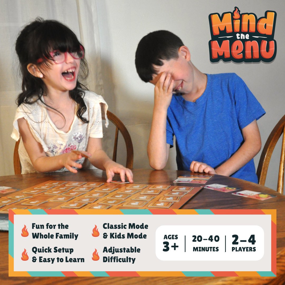 JollyQuestGames's tweet photo. Mind the Menu is a casual, family friendly game! 🎲 Start your kids off with the kids version and then work your way up to the classic version as a family. It's surprisingly competitive and will fill your game nights with smiles and laughter. https://t.co/4IIAebo3cZ https://t.co/TplcwzmXny