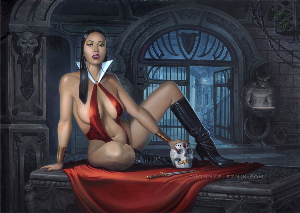 ZeleznikArt's tweet photo. Vampirella private commission painting with a perfect pose from the super sultry @vivalavictoria1 #vampirella #fantasypinup https://t.co/5S0TGOixN9
