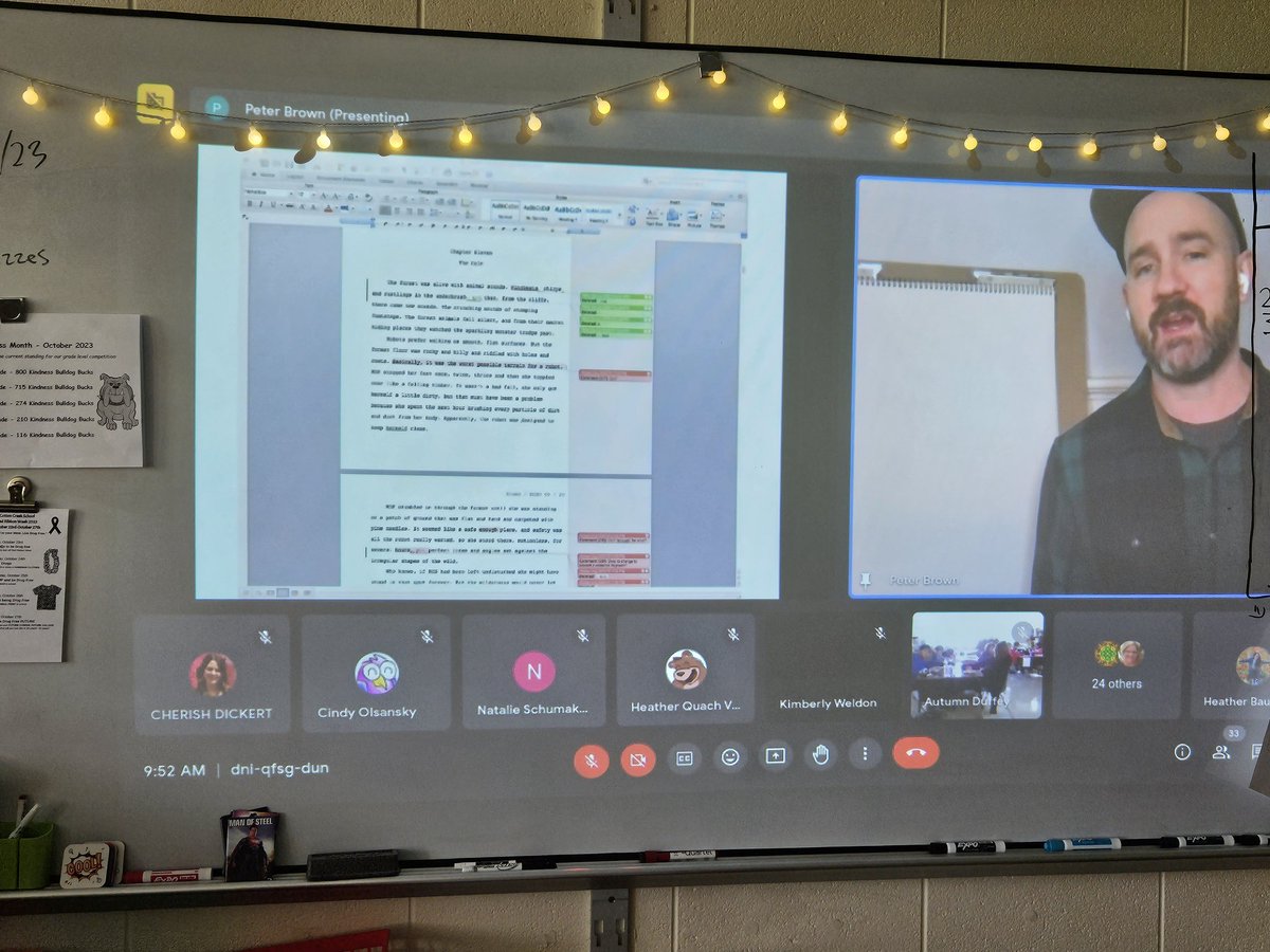 SuperheroFourth's tweet photo. Our assembly today by @itspeterbrown was incredible! He walked us through his writing process &amp; taught us how to draw Roz from #TheWildRobot which we will read as a whole school starting Monday! Can't wait! #ccs118life #d118life https://t.co/wLqNO7nCV0