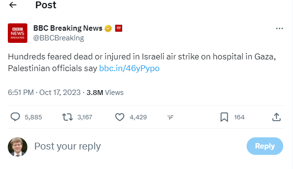 daveatherton's tweet photo. The @BBCNews are walking back Israel was responsible for a missile strike on the Al-Ahli hospital in Gaza. It seems generally accepted it was a Hamas rocket. Yesterday's tweet is still up.

The damage is done with Synagogues petrol bombed in Germany & demonstrations in Turkey.

Also "BBC Verify is trying to unravel what is & isn't known" hardly instils confidence. 

Cc @mariannaspring 

https://t.co/emAHdVdYyT