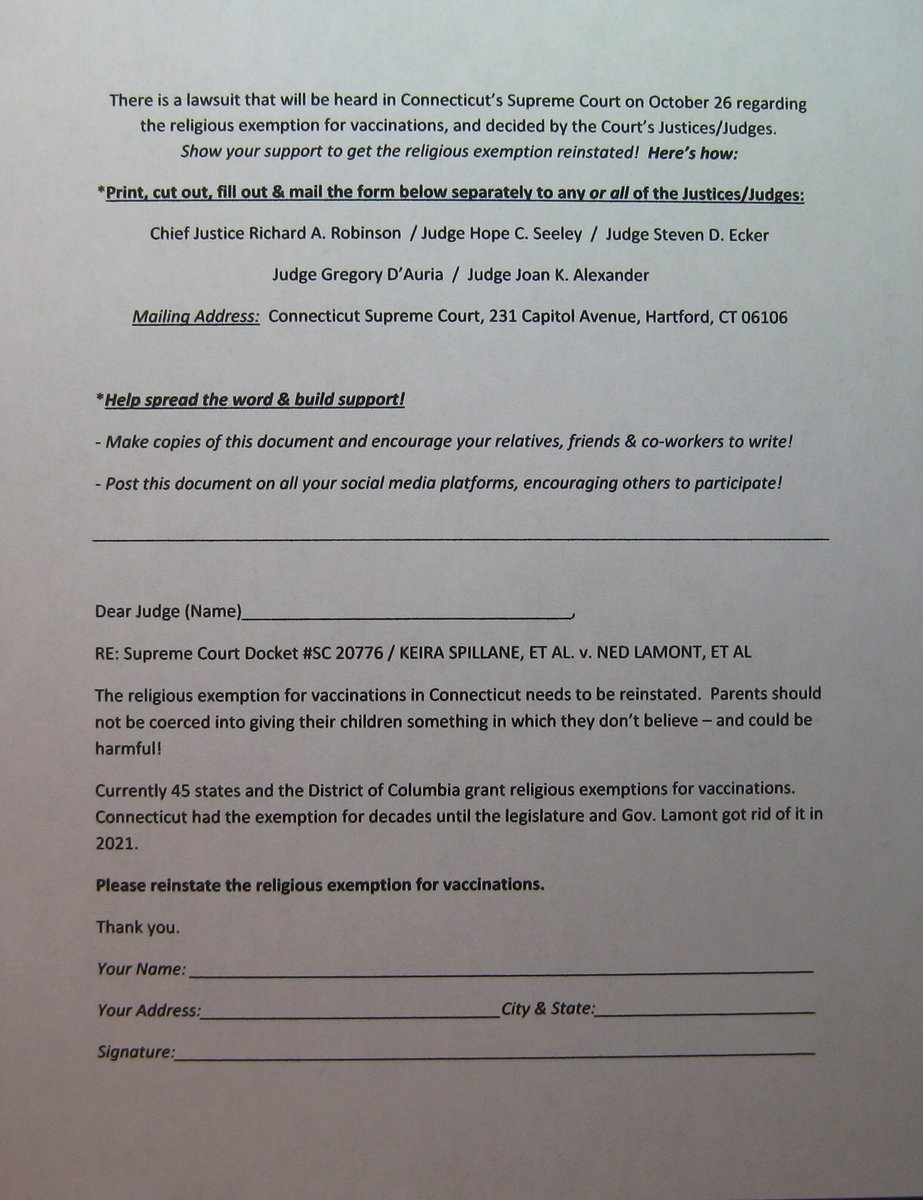 JustaThoughtR2's tweet photo. @rep_am The judges who will decide the RELIGIOUS EXEMPTION FOR VACCINATIONS lawsuit in the #Connecticut Supreme Court on Oct. 26 have been named. Ask them - including newly added JUDGE SEELEY - to REINSTATE it with the form below. RT

#Waterbury #Cheshire #Wolcott #Woodstock #Fairfield https://t.co/S6K8AL2ZG3