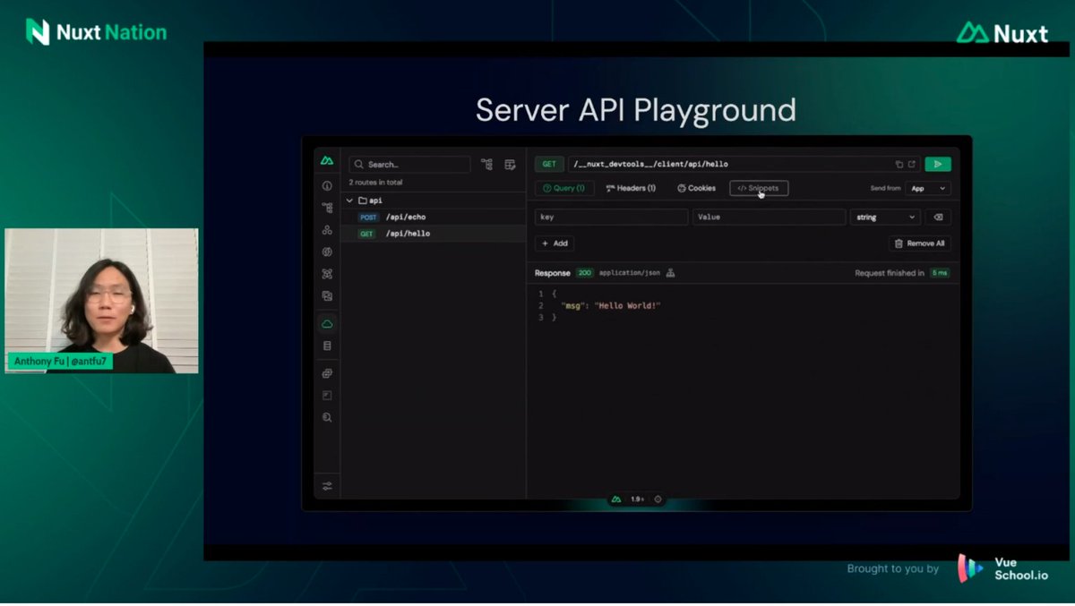 danielkelly_io's tweet photo. Oooh, didn't realize this!
@nuxt_js devtools has built-in server API playground. 

Basically a Nuxt-tuned postman.

Thanks for sharing @antfu7 at @NuxtNation :) https://t.co/78UtqKuuOK