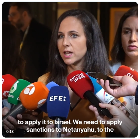 A Spanish minister calls on EU countries to impose immediate sanctions on Netanyahu personally and ban arms exports to Israel.

I wish Egypt, the UAE, Morocco or any other Arab country with diplomatic ties to Tel Aviv would announce the expulsion of the Israeli ambassador and
