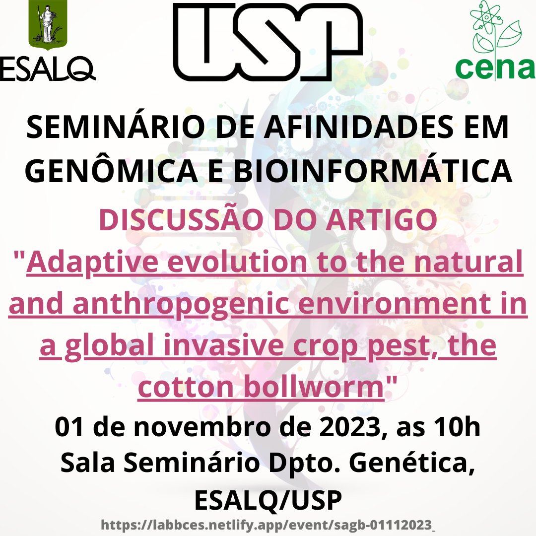 cena_usp's tweet photo. Seminário de Afinidades em Genômica e Bioinformática (SAGB) 1 de novembro de 2023 às 10h na ESALQ/USP na Sala de Seminários do Departamento de Genética. Inscrições: https://t.co/hadSN9EYMZ…Saiba mais:  https://t.co/PzR4LQpfnc…Mais informações: https://t.co/Hjq3m27Xeo https://t.co/TfmNuaSq3R