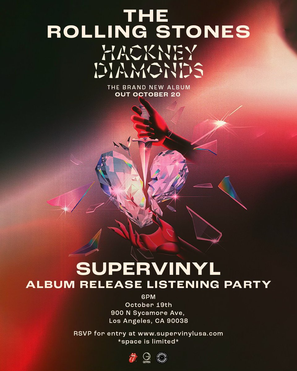 RollingStones's tweet photo. LA early album listening party this Thursday 10/19 at 6pm @SUPERVINYLUSA!  Listen to Hackney Diamonds for the very first time 💎
First come first served. Info at https://t.co/v0kTDMt0pU for entry. https://t.co/TwDWQnIm95