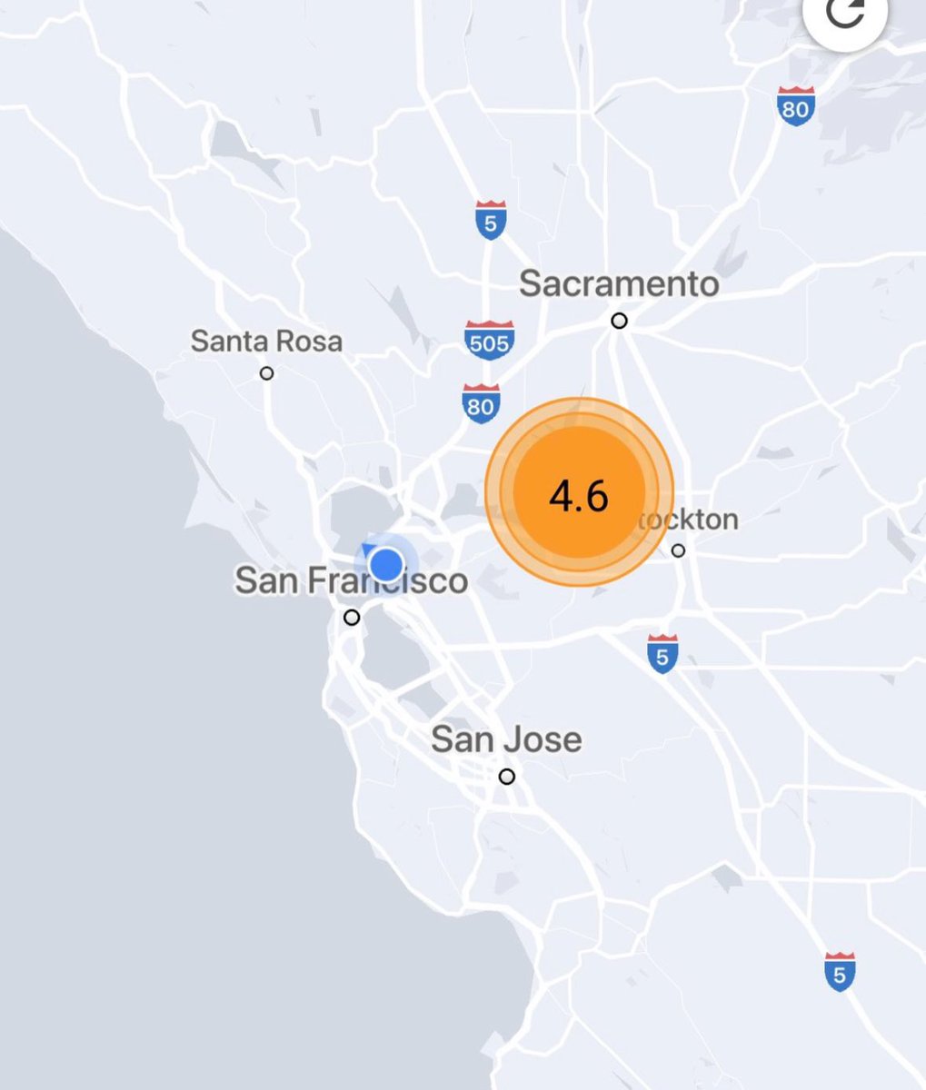krassenstein's tweet photo. UPDATE:  Moments ago a 4.6 magnitude earthquake struck northeast of San Francisco and south of Sacramento, California. 

The quake lasted approximately 2 seconds and was characterized by side-by-side motion. 

Note that 34 years ago yesterday the 1989 Loma Prieta earthquake occurred on California's Central Coast causing more than 3700 injuries. 

No injuries have been reported during todays quake and the motion was rather mild today.
