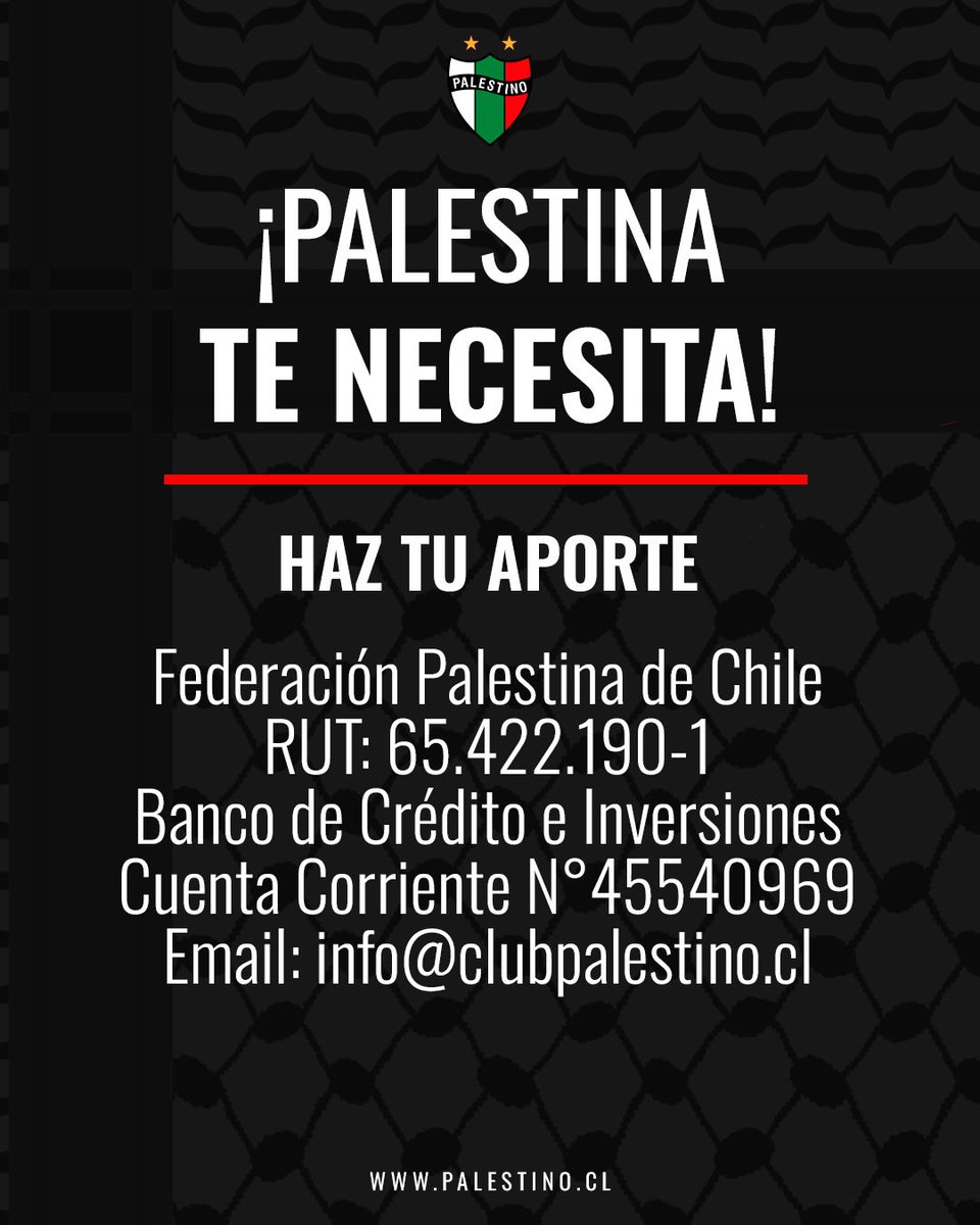 La Federación Palestina de Chile está recaudando fondos monetarios que serán destinados exclusivamente a la compra de insumos médicos para ayuda humanitaria en Gaza. No te quedes fuera, para que juntos sigamos apoyando a #TodoUnPueblo 🇵🇸