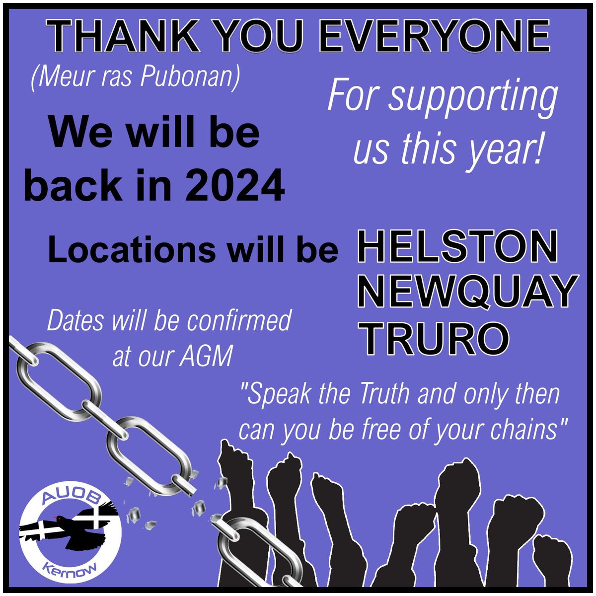 Meur ras pubonan. 

We will release our AGM date very soon. 
#Cornwall #Kernow #devolution #Cornishassembly #ParliamentforCornwall #Cornish #Kernewek