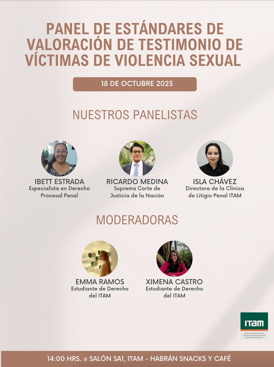 📢Hoy📢Panel de estándares de valoración de testimonio de víctimas de violencia sexual. ¡Habrá snacks y café! @CPenalITAM ⏰14:00 hrs. 📍SA1