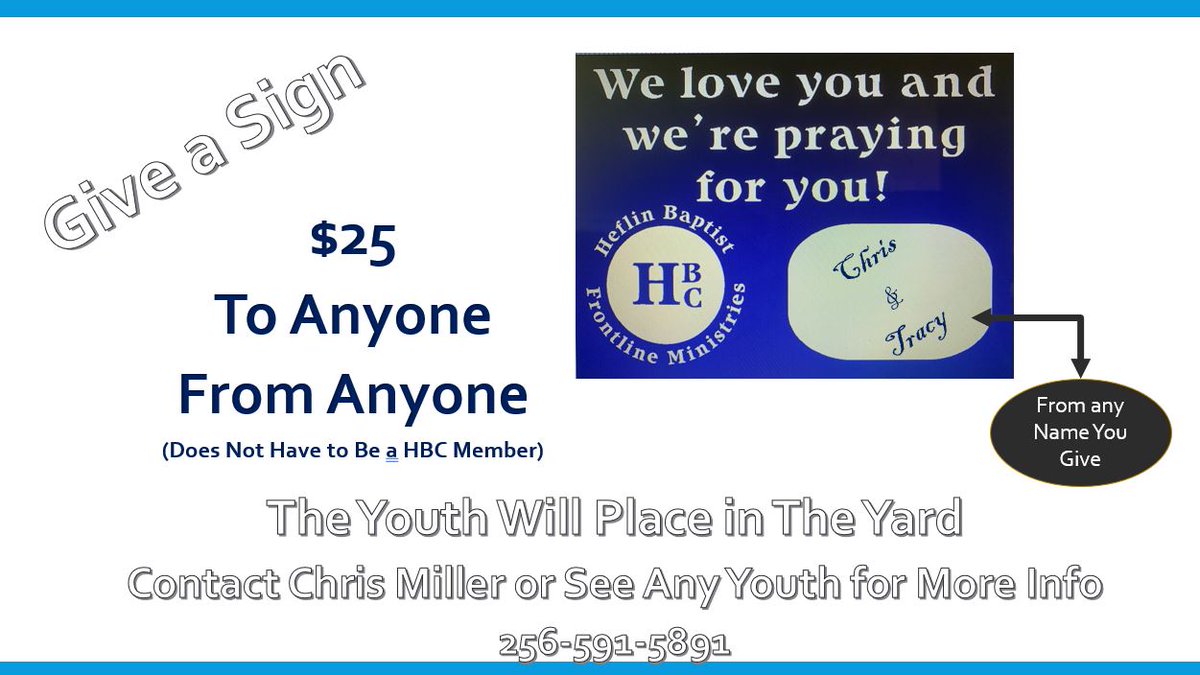 HeflinBaptist's tweet photo. ⭐️Youth Fundraiser!!⭐️ 
Place a sign in a friend or loved one’s yard to let them know you care &amp; are praying for them &amp; support the HBC Frontline Student Ministry.   
Please note that this sale is not only open to HBC church goers, but everyone in the community so please share! https://t.co/znzdMADbZU