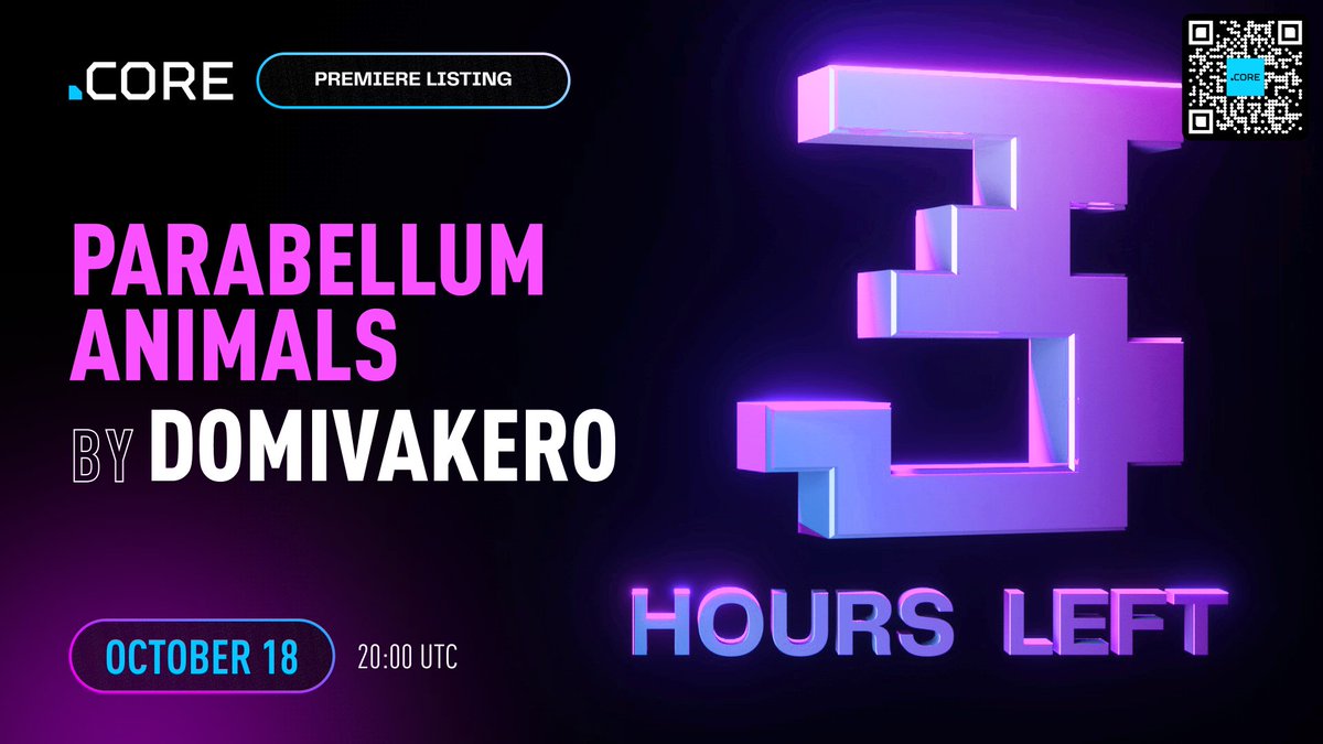 📢 Only 3 hours remain until the #drop starts!🔥🔥🔥

⭐️ PARABELLUM ANIMALS by <a href="/DOMIVAKERO/">Domivakero</a> ⭐️
🐻‍ 180 Exclusive #NFTs 🐯
🗓️ Wednesday, October 18
🕗 20:00 UTC

#dotCORE #marketplace