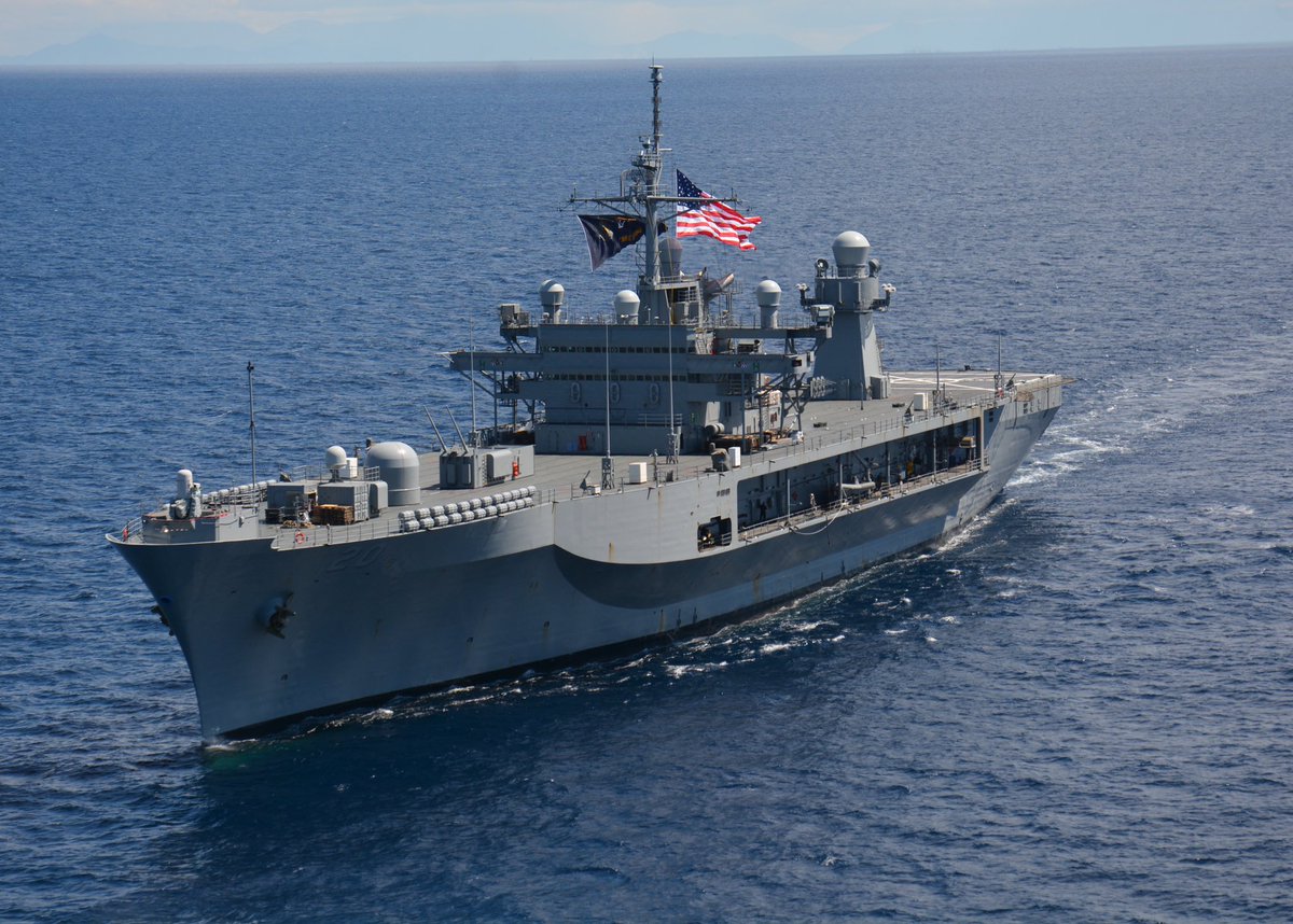 sentdefender's tweet photo. The USS Mount Whitney (LCC-20) a Blue Ridge-Class Command Ship which is Forward Deployed to Gaeta, Italy as the Command and Flag Ship of the U.S. Navy’s 6th Fleet has now Departed from Port and is head towards the Eastern Mediterranean in order to link up with U.S. Naval Forces in the Region.