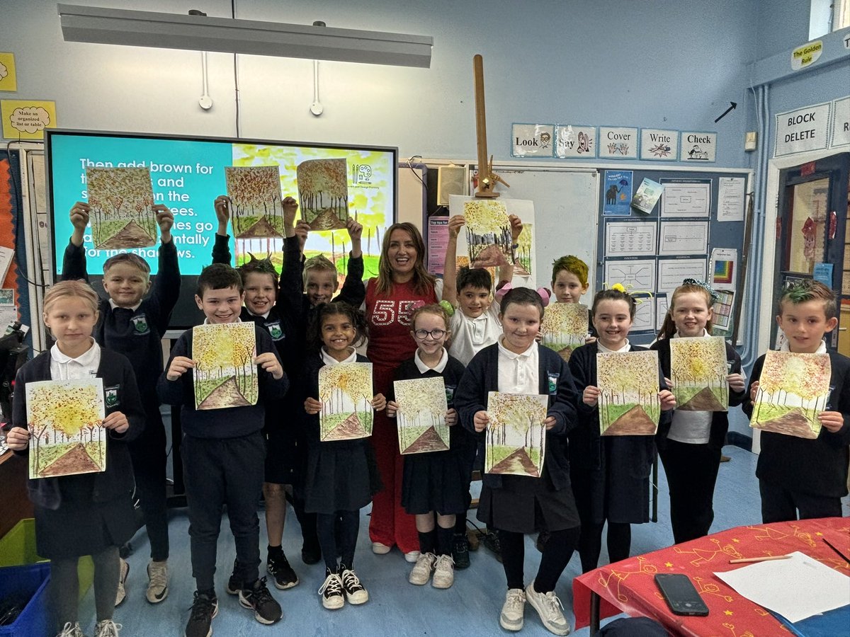 AandDFactory's tweet image. Today I had the pleasure of teaching P6 kids who attend Edendork Primary school how to paint an autumnal landscape in perspective using warm colours and pointillism. #primaryschool #primaryart