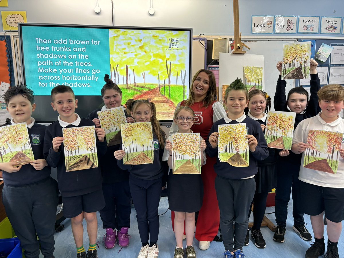 AandDFactory's tweet image. Today I had the pleasure of teaching P6 kids who attend Edendork Primary school how to paint an autumnal landscape in perspective using warm colours and pointillism. #primaryschool #primaryart