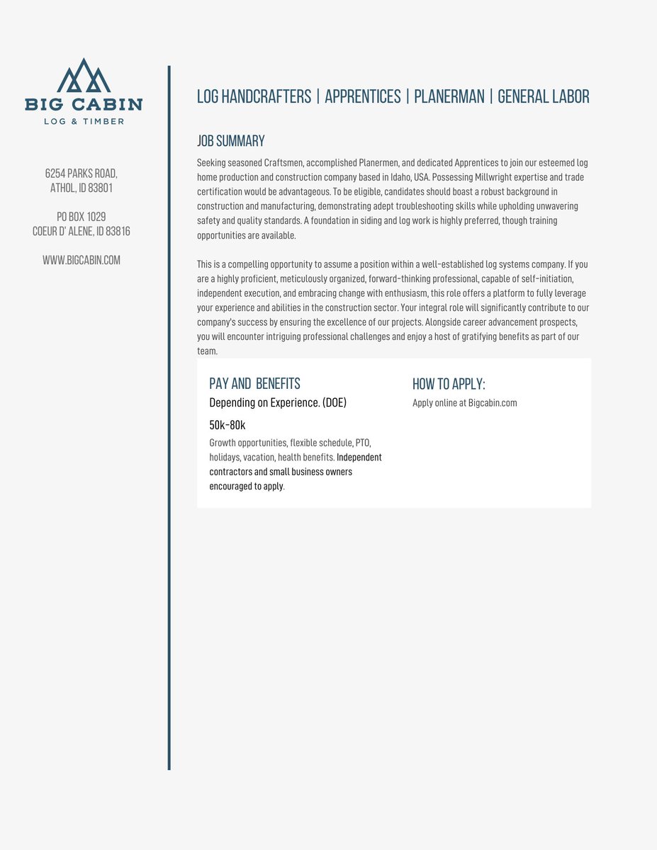 logs_big's tweet photo. Exciting Job Opportunity near Coeur d'Alene, Idaho! 

Are you looking for a new career near beautiful Coeur d'Alene area? We've got great news! Our company is seeking a talented and motivated individual to join our team.

Apply online at https://t.co/R9fV6jP4E9 https://t.co/i3CRxtWabP