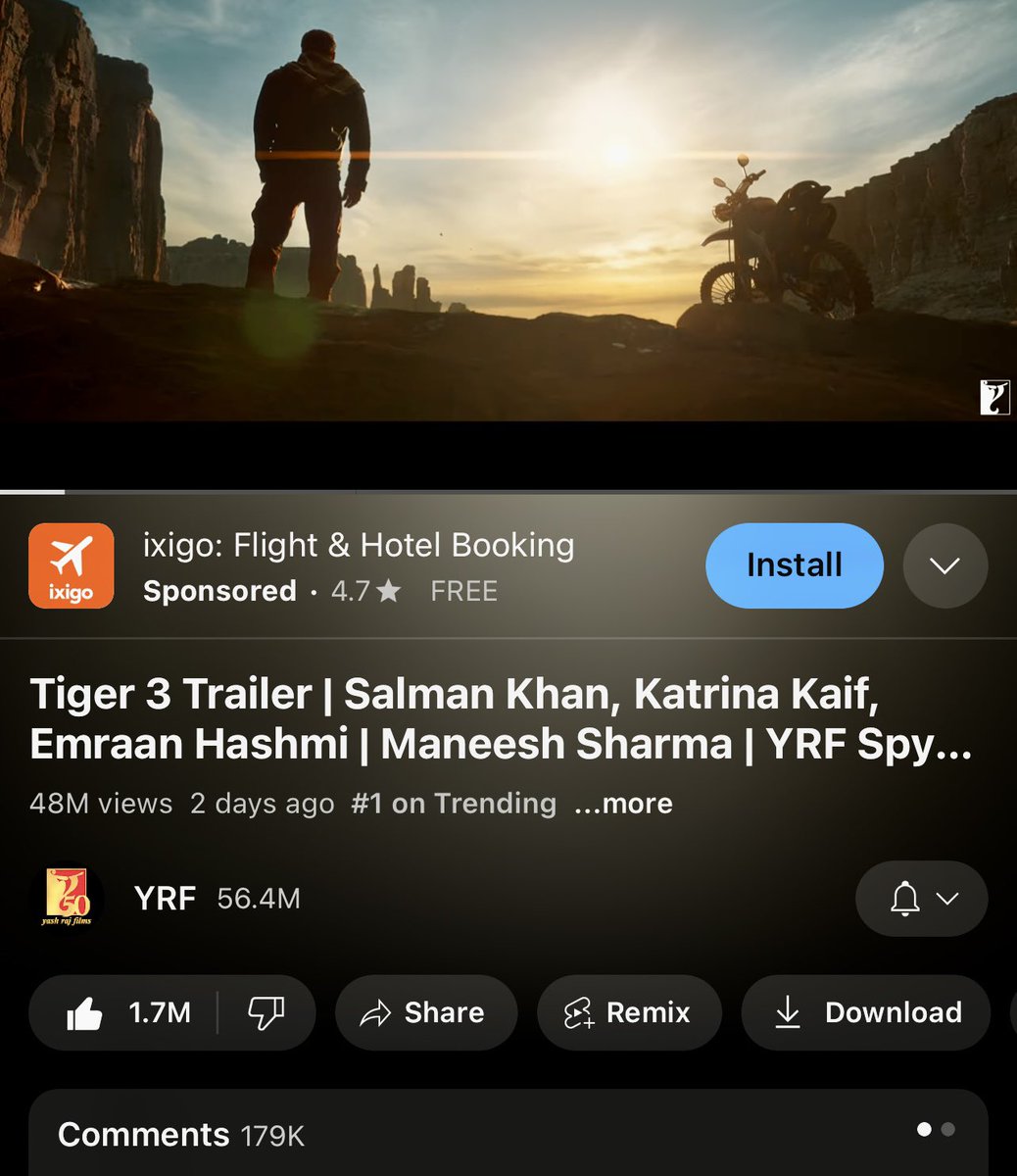 BeingHiteshShah's tweet photo. Unstoppable Tiger 🐅

#Tiger3Trailer Roars Past Lifetime Likes of Jawan Trailer in 3 Days without any ads! 🚫💰

@BeingSalmanKhan is roaring in style. 🙌🔥 #Tiger3 #SalmanKhan #BlockbusterTrailer https://t.co/wBvh2zhSp0