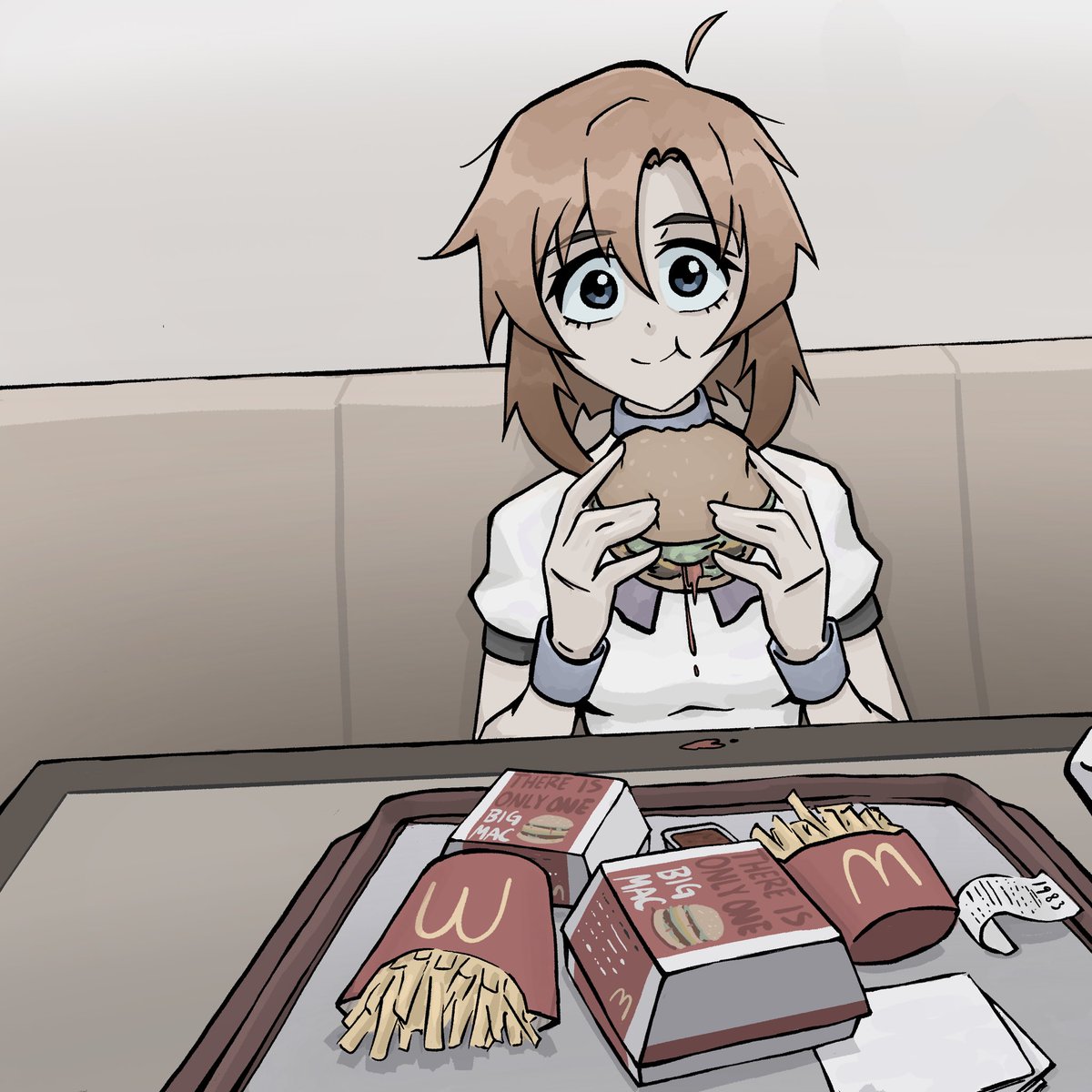 navigazer's tweet photo. Rena enjoys a burger 
#higurashi https://t.co/8bcasLtWIt