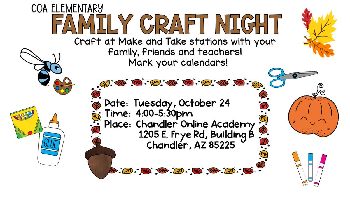 K-6 Hornet families, please join us for FAMILY CRAFT NIGHT Tuesday, October 24th, from 4-5:30 <a href="/CUSD_Online/">Chandler Online Academy</a>  Bldg B 🎃✂️💙🐝🖤🍂 🎨  <a href="/ChandlerUnified/">Chandler Unified School District</a>  #WhatstheBuzz #WeAreChandlerUnified #excellenceonline #buildingcommunity