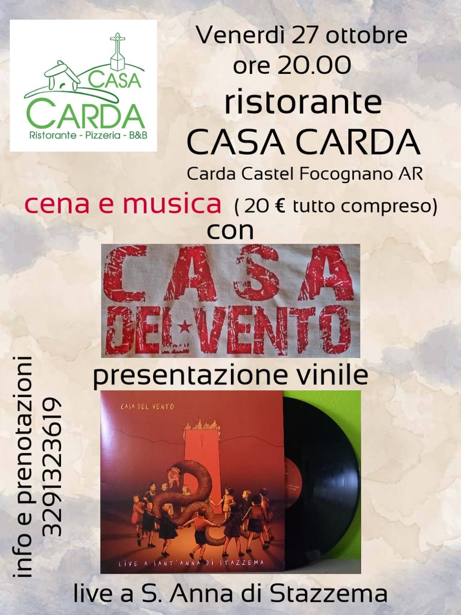 CasaDelVento's tweet photo. Venerdì 27 ottobre a Casa Carda ore 20, cena popolare +musica con la Casa del Vento (presentazione vinile Live a Sant'Anna di Stazzema)

il menù: crostini misti, topini taleggio e porcini, arista in porchetta di salsiccia con patate arrosto, Lattaiolo, acqua, vino, caffè €20 https://t.co/ygY8JZEA83