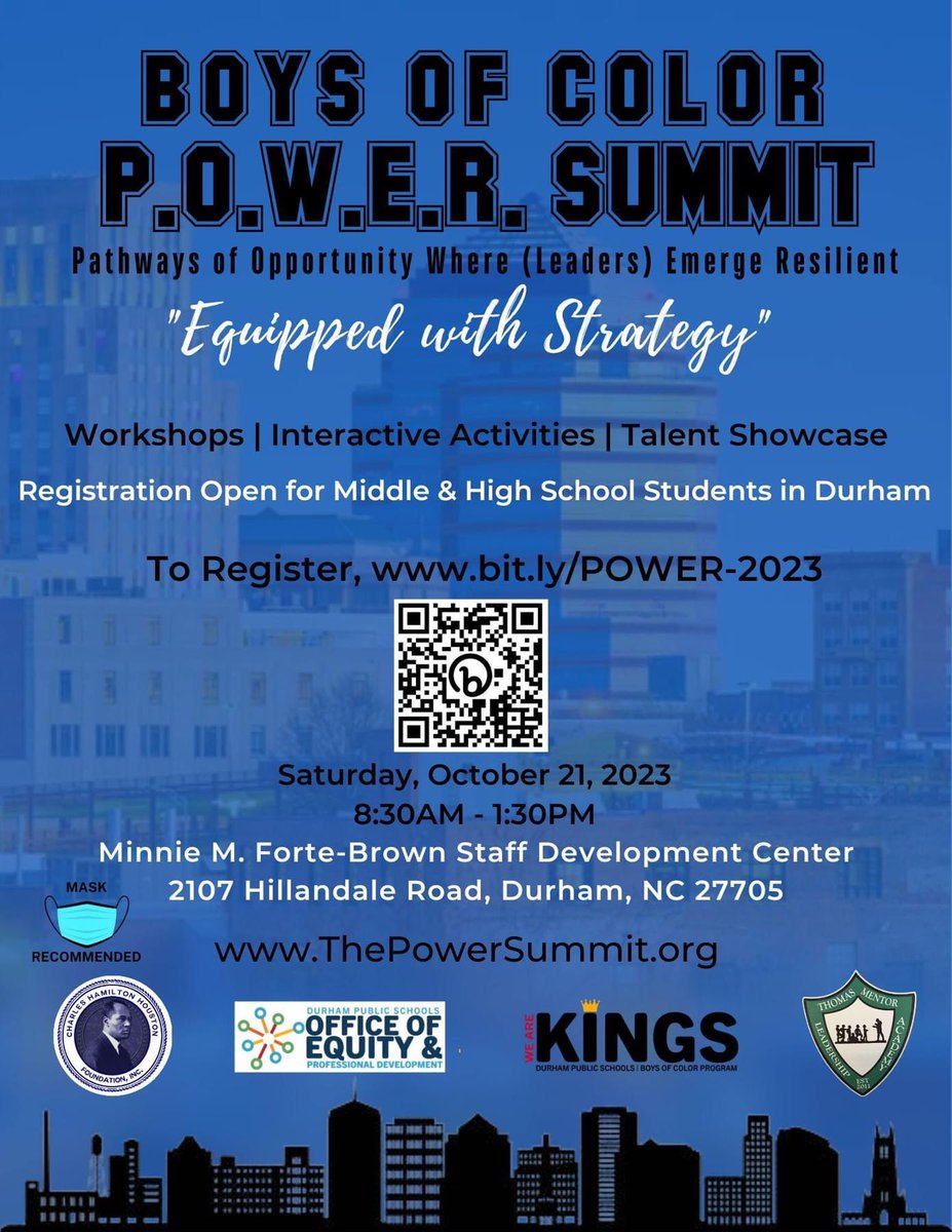 :: Registration is now open for the 2023 Boys of Color POWER Summit, Equipped with Strategy, for boys of color in middle &amp; high school in Durham on Saturday, October 21, 2023 from 8:30AM - 1:30PM. To register, bit.ly/POWER-2023