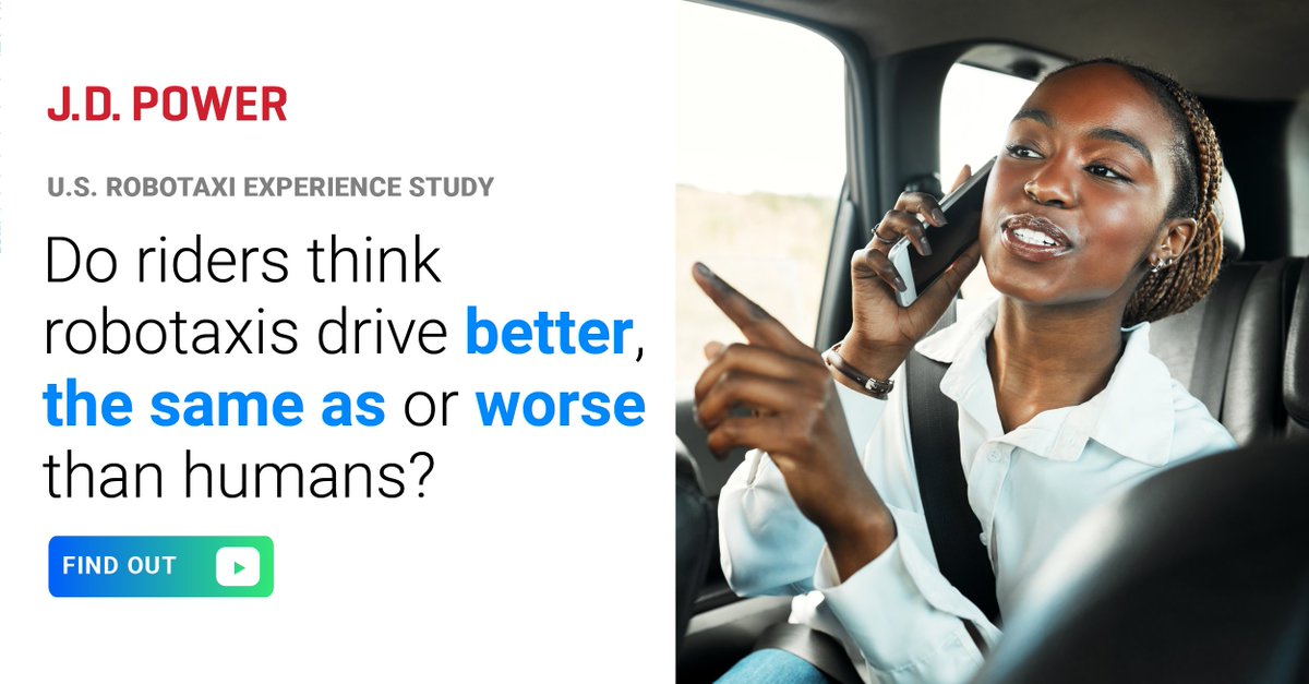 autodata's tweet image. 🤖🚗 Do riders think robotaxis drive better, the same as or worse than humans?
 
The J.D. Power U.S. Robotaxi Experience Study has the data — and it’s publicly releasing tomorrow!
  
Learn more about the study 👉🏻 hubs.la/Q025-xTd0