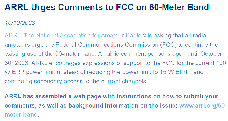 walcottradio's tweet photo. "ARRL  The National Association for Amateur Radio is asking that all radio amateurs urge the Federal Communications Commission (FCC) to continue the existing use of the 60-meter band. " Via The National Association for Amateur Radio® - https://t.co/IQ2sEoQafH https://t.co/lYsNOVFLaj