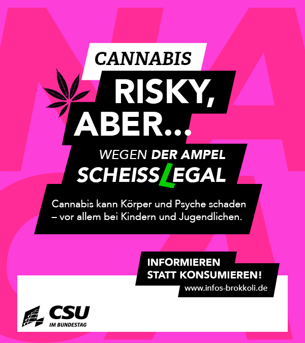 csu_bt's tweet photo. Cannabis-Konsum ist risky: Es erhöht nachweislich das Risiko, psychisch zu erkranken, wirkt sich negativ auf die soziale Entwicklung aus und vermindert die geistige Leistungsfähigkeit – vor allem bei Kindern und Jugendlichen! Und Gesundheitsminister Lauterbach? Der weiß das ganz genau, legalisiert #Cannabis aber trotzdem. Jetzt warnt er mit einer Kampagne vor seiner eigenen Politik. Wir zeigen, was eigentlich auf seinen Plakaten stehen sollte...

👉Infos & Fakten auf https://t.co/CAZXcwXEMB!
#KeinCannabis