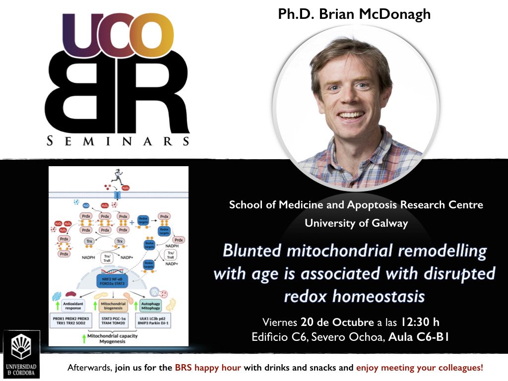 🟢 This Friday we will have the pleasure to attend Dr. McDonagh talk talking about mitochondria and redox ‼️ Please join us at 12.30 pm &amp; later for Happy Hour 🍻 ‼️ Feel free to RT and lets make all UCO community aware of it!!!