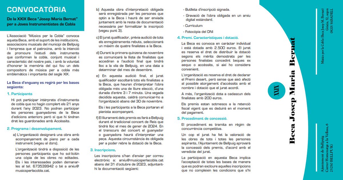 La Beca Josep maria Bernat està adreçada a joves instrumentistes de cobla menors de 21 anys i té una dotació de 2.500 €.

Aquí teniu les bases per si voleu fer un RT. Gràcies per endavant! 🙏

<a href="/Musicsxlacobla/">Músics per la cobla</a> <a href="/BellpuigAj/">Ajuntament de Bellpuig</a>