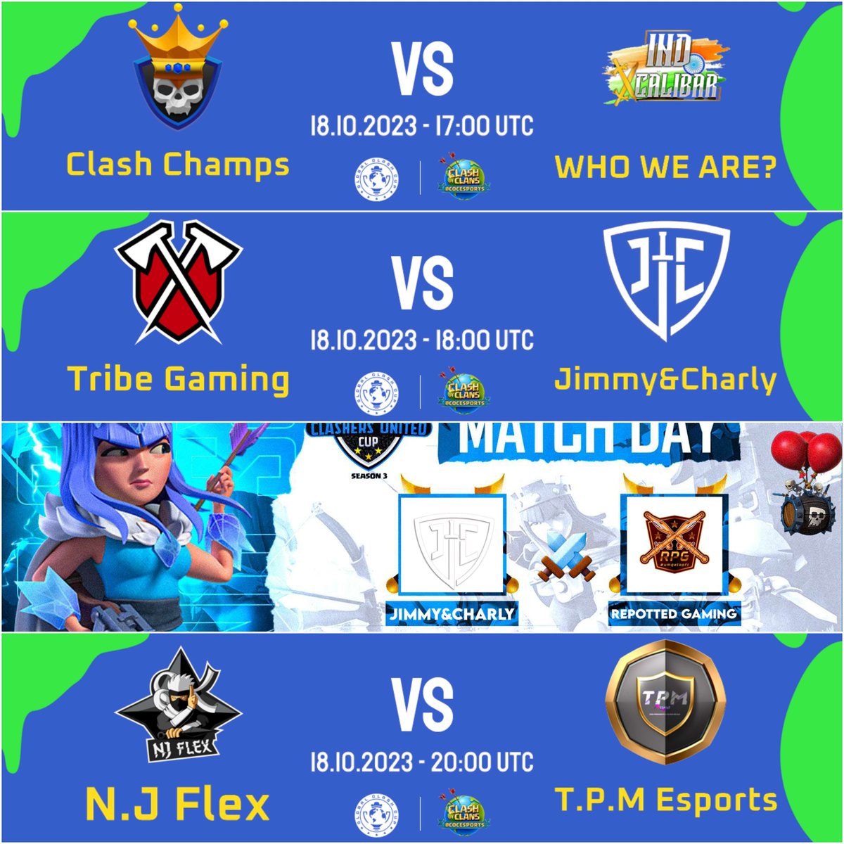 🟣 LIVEEEEEE!

PÓKER de GUERRAS para el Día de hoy! 🃏

🏆 @GlobalClashCup 
✅ @ClashChamps_CoC 🆚 WhoWeAre?
✅ @TribeGamingCoC 🆚 J&C
✅ @rpg_coc 🆚 J&C

🏆 @ClashersFamily 
✅ @TPMSPORTS2 🆚 @NJ_Flexx 

TODOS para DENTRO! SIUUUU! ❤

👉 twitch.tv/style_coc