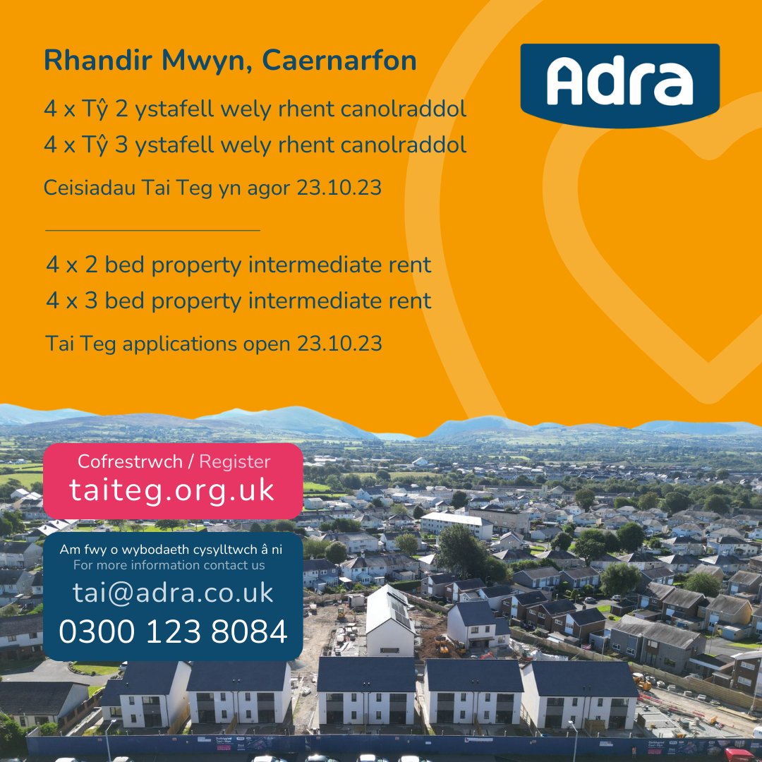 adrataicyf's tweet photo. 📍 Rhandir Mwyn, Caernarfon

Mynd yn fyw ar @Tai_Teg Dydd Llun 23 o Hydref 🏘️

Eiddo Rhent Canolraddol yn cynnwys:
4 x eiddo 2 ystafell wely
4 x eiddo 3 ystafell gwely

Mae cofrestru yn cymryd hyd at 5 diwrnod
03456 015 605 / info@taiteg.org.uk https://t.co/W0lSE69NEa