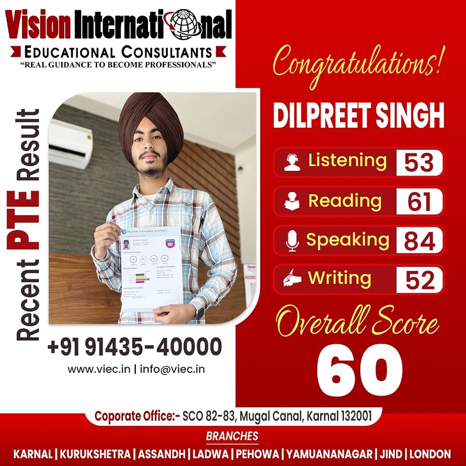 Many Congratulations to Dilpreet Singh for getting overall PTE score of 60 from Vision International Educational Consultants.
Looking for the best IELTS/PTE coaching Institute in Haryana?
Call: 9143540000
#PTECoaching #PTECoachingClasses #PTEResults #PTEScorecard