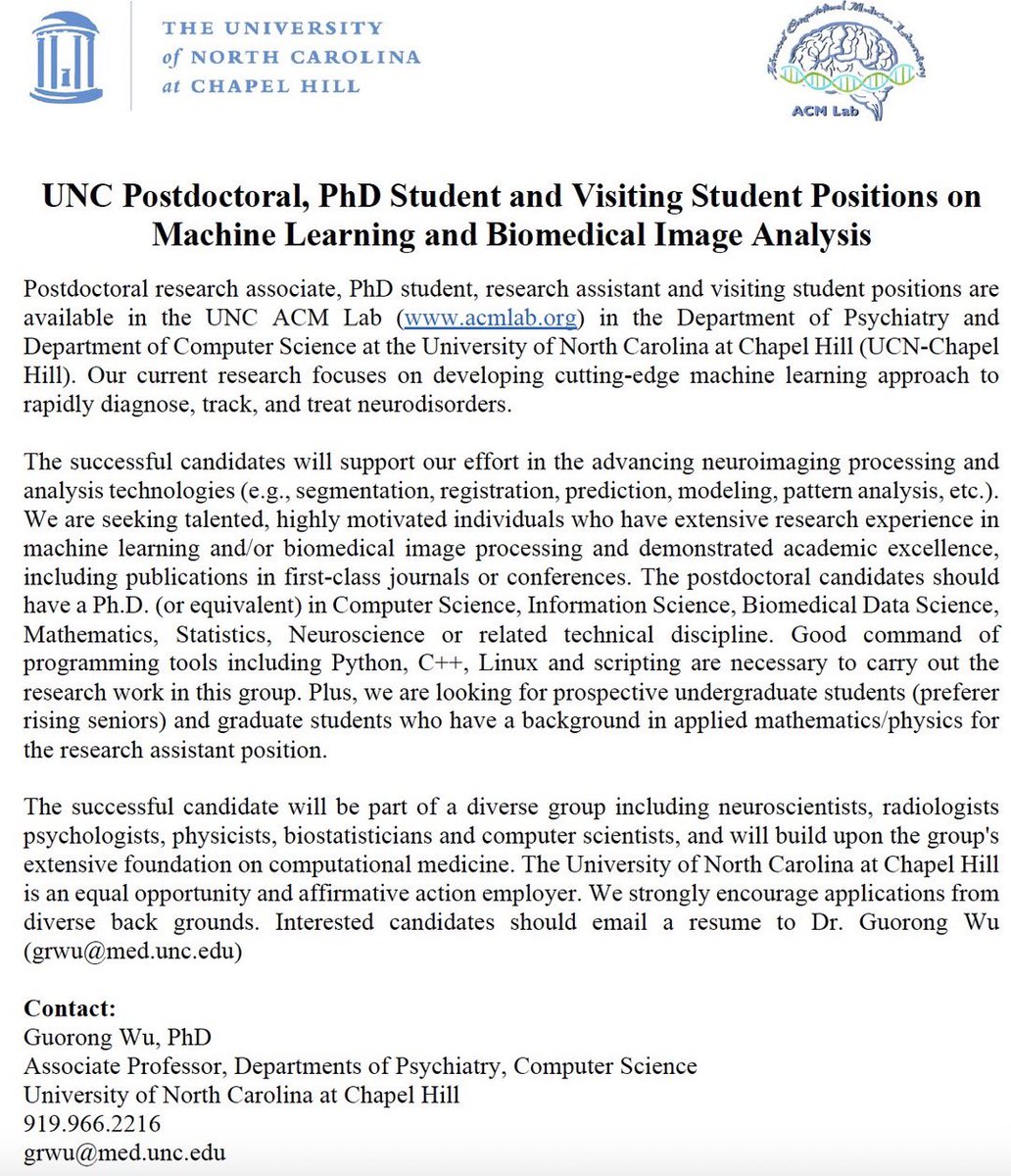 DanTingting's tweet photo. UNC postdoctoral,PhD student and visiting student position on machine learning and biomedical image analysis are available.
Welcome to apply ☺️
#PhDposition #postdoc
#visitingstudent https://t.co/qBCEB3BdQM