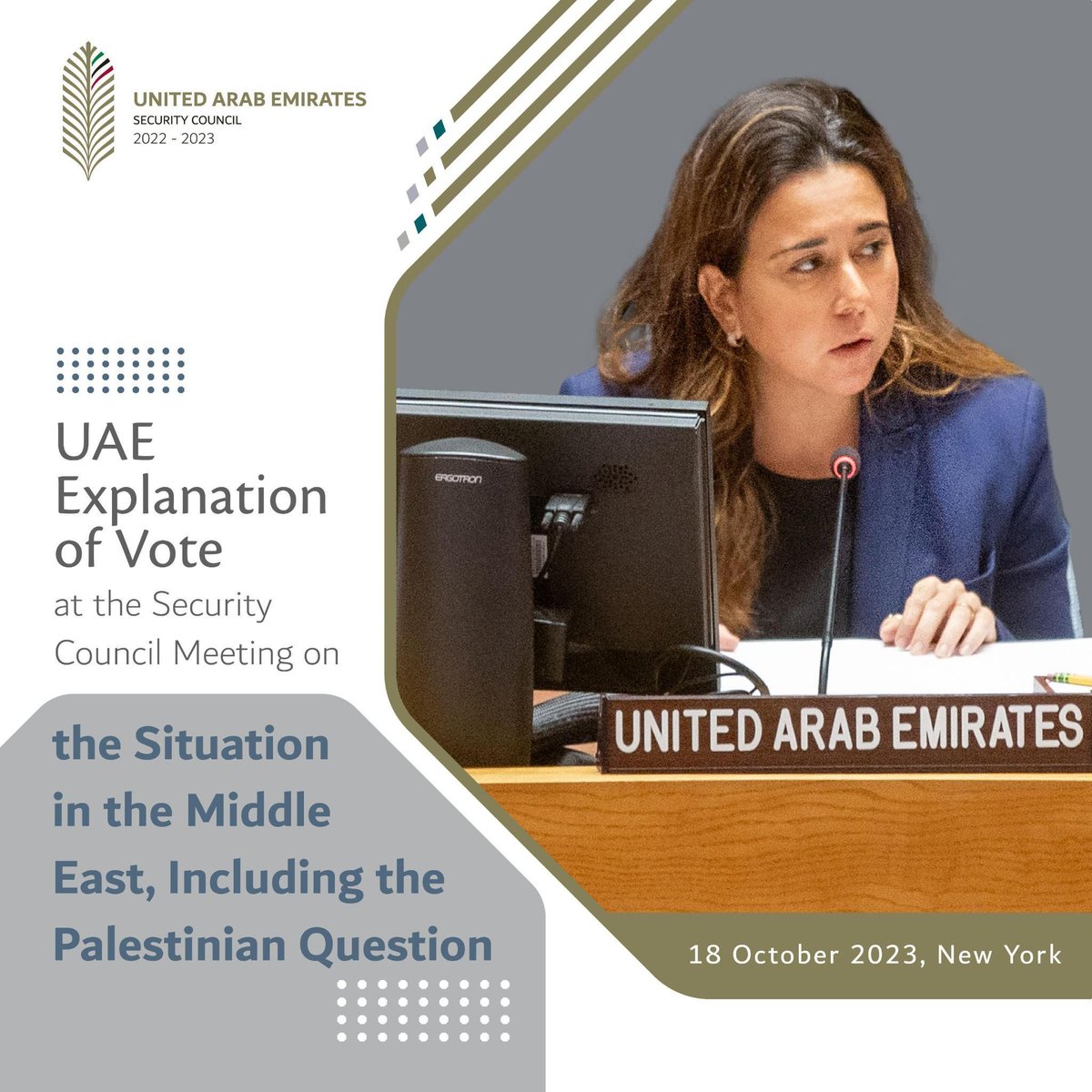 UAEMissionToUN's tweet photo. In its explanation of vote on today’s resolution, #UAExUNSC thanked Brazil for its efforts and remained hopeful that the Council can unite behind a resolution and that US-led diplomatic efforts will succeed.

We voted for this resolution because it clearly states basic principles which the Council is obliged to reinforce and uphold. 

The current escalation must drive all of us, but most importantly, Israelis and Palestinians, to the urgent work of achieving the two-state solution. The only alternative to that is the violence we see right now.

https://t.co/5Nq6aMDFm8