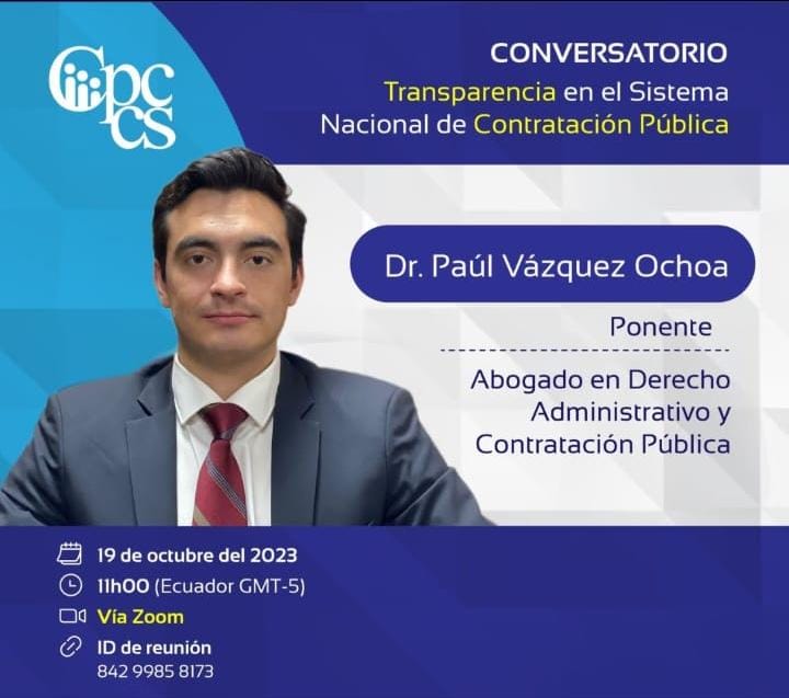 #Conversatorio
Transparencia en el Sistema Nacional de Contratación Pública
Dictado por el Dr. @PaulVazquezOch1

Accede mediante el siguiente link:
us06web.zoom.us/j/84299858173
<a href="/CpccsEc/">Participa Ecuador</a>