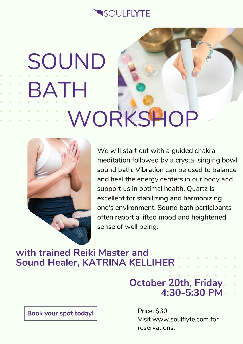 SoulFlyteStudio's tweet photo. Sound bath participants often report a lifted mood and heightened sense of well being! Come join us THIS FRIDAY - 10/20 at 4:30 pm for a SOUND HEALING MEDITATION with Katrina Lent Kelliher @the.reikery! Still spaces left! Don't miss out - sign up here: https://t.co/r3YjDogwbj 💯 https://t.co/AnTqdQ22L2