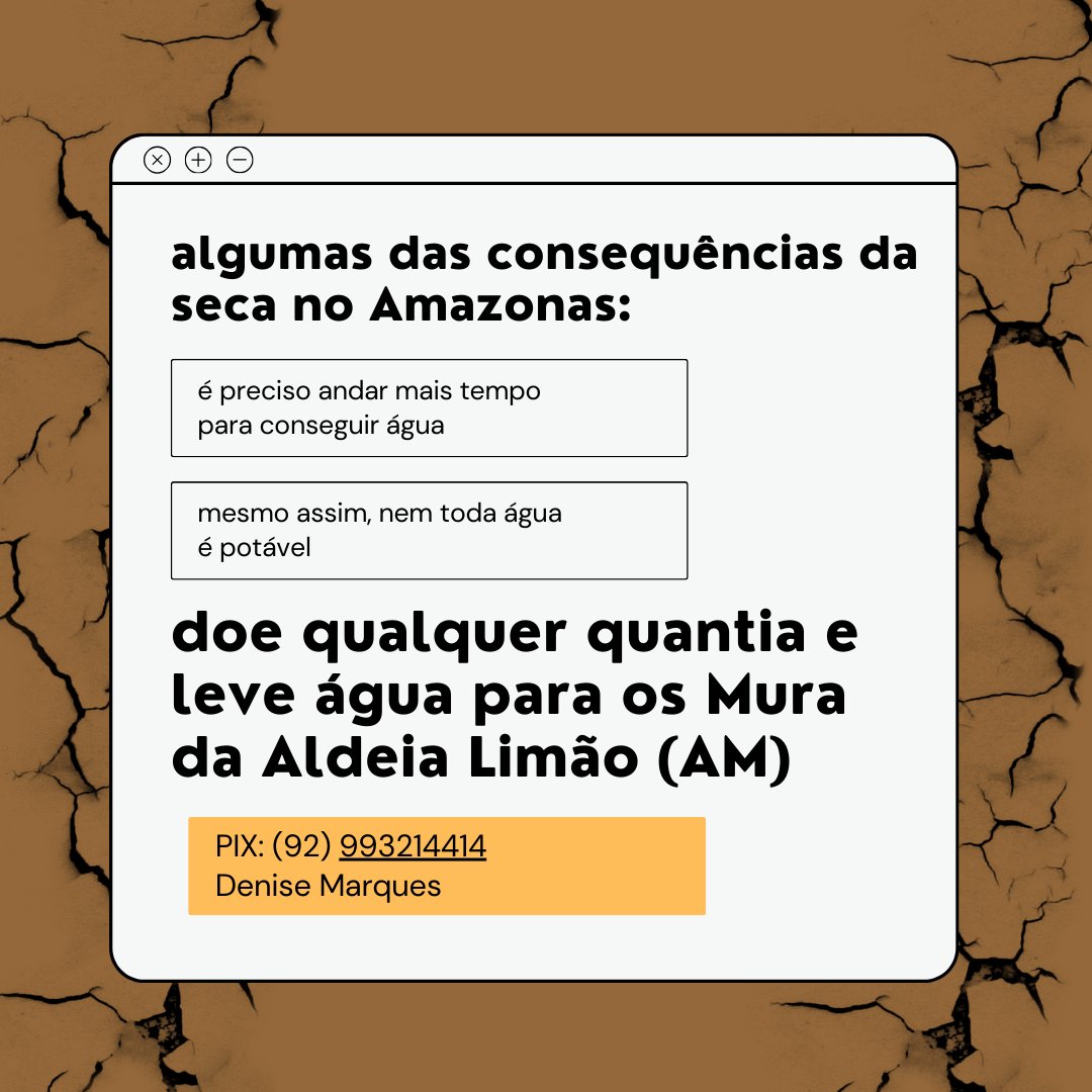 a cabeça tá fervilhando. temos notícias de chuva na cabeceira do rio Solimões (e bote aí pelo menos 2 semanas pra chegar no Negro), mas a seca segue😥

ainda tô pensando em como levantar $ pros parentes; enquanto isso, qualquer quantia de doação é bem-vinda

Pix: (92) 993214414