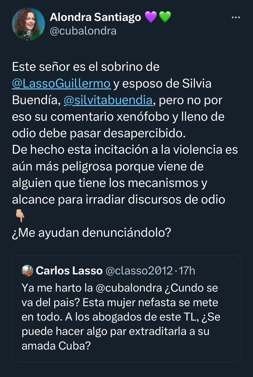 LUNA2020_EC's tweet photo. A la que denunciamos es a ti @cubalondra por menospreciar, insultar y provocar el odio a los ecuatorianos . No eres bienvenida al Ecuador. Todos tenemos pruebas del fluido vocabulario que tienes. https://t.co/v6oQKQhDVv
